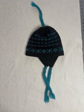 Knit Earflap Hat with Braided Tassels - Teal and Black